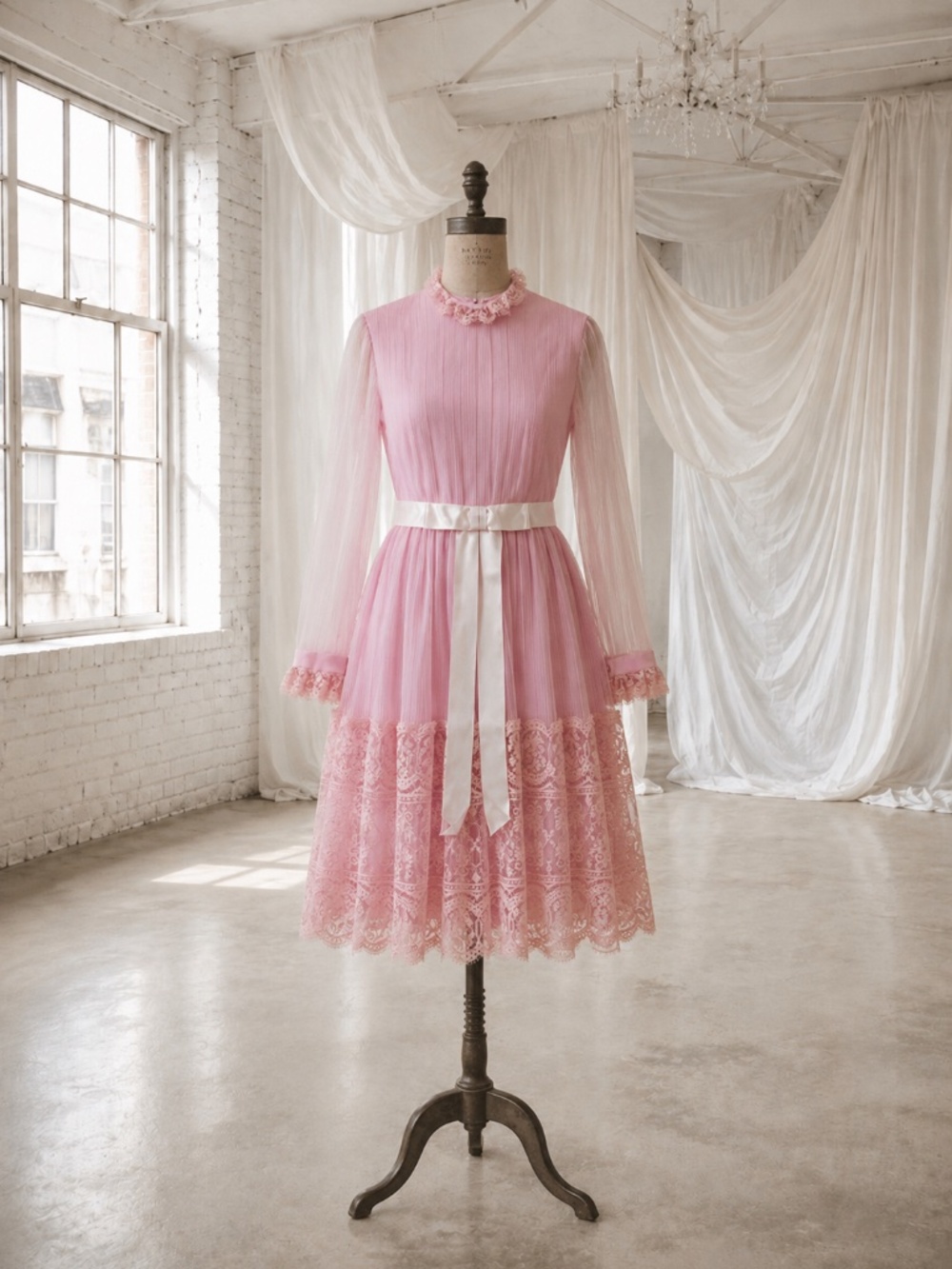 Vintage 1970s Miss Elliette Accordion Pleated Lace Ribbon Dress